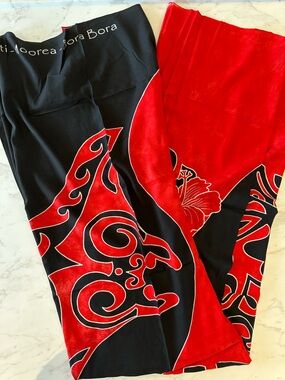 Tiare Tahiti Pareo Wrap Sarong Black and Red Rayon Pareo